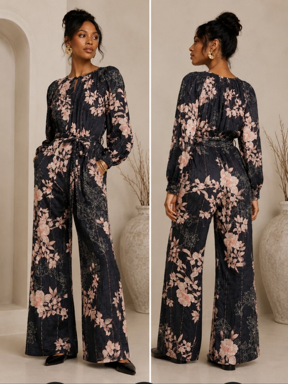 Antropologie Harlyn Floral Long-Sleeve Wide-Leg Jumpsuit in Black and Pink